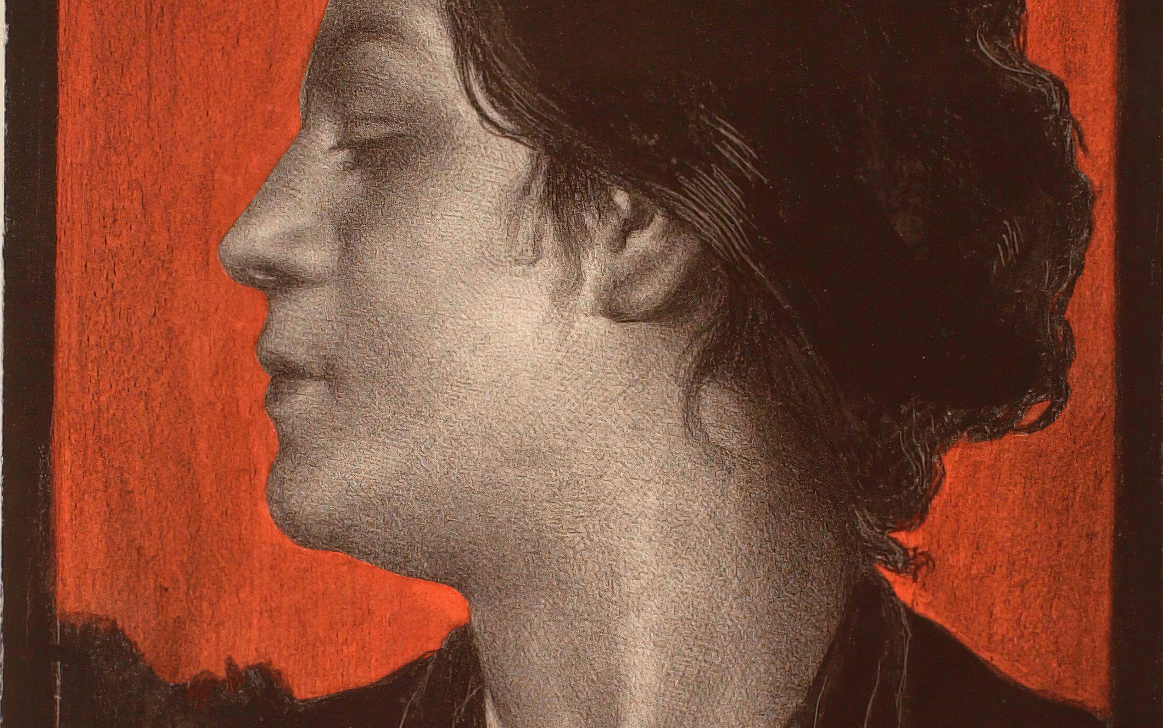 Profile painting of a woman with dark hair against a vivid red background.