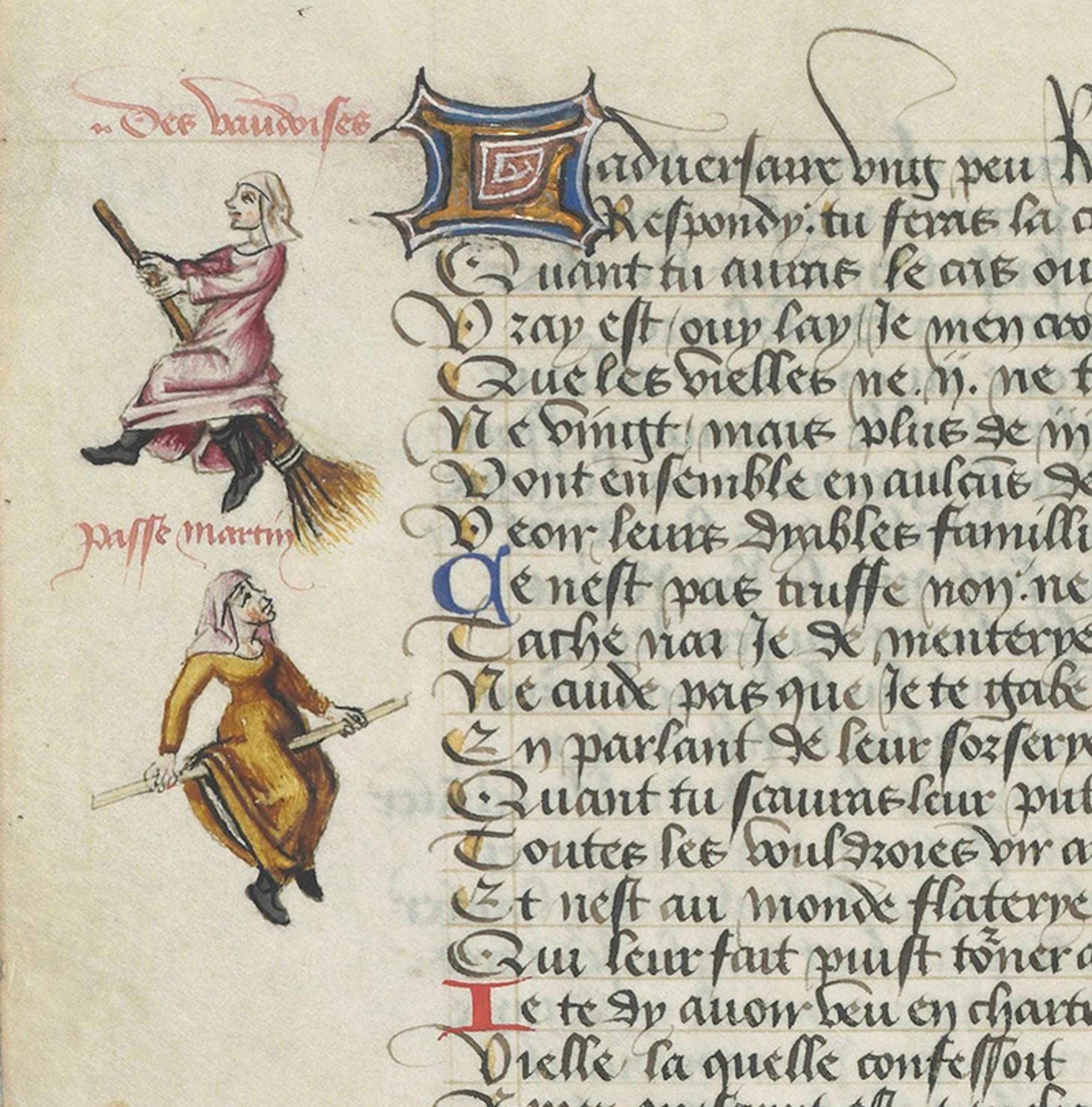 Medieval manuscript with illustrations of two women on broomsticks alongside ornate text in Latin script.